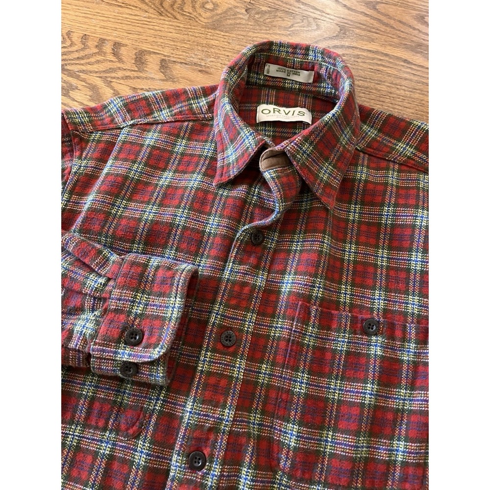 VTG Y2K Orvis Heavy‎ Plaid Flannel LS Shirt Red Blue Yellow Mens Medium